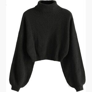 Cropped Ribbed Pullover Sweater with Lantern Sleeves, Regular Fit